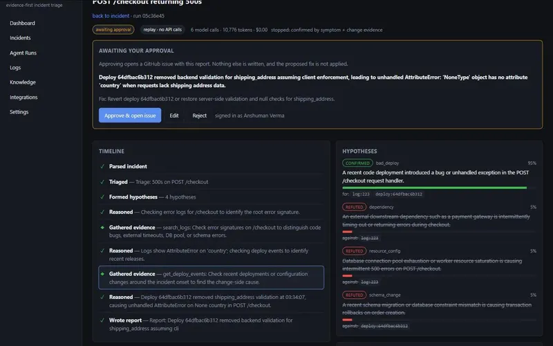 Screenshot of AI DevOps Incident Investigator, evidence-first ai agent for production incidents, built by Anshuman Verma