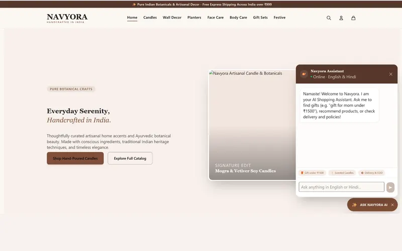Screenshot of Navyora, headless shopify hydrogen store & ai commerce app, built by Anshuman Verma
