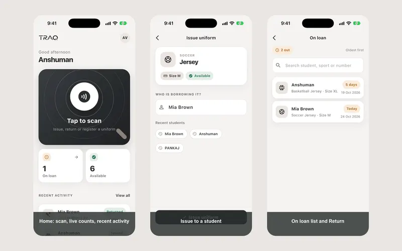 Screenshot of TRAQ, nfc uniform tracking ios app for schools, built by Anshuman Verma